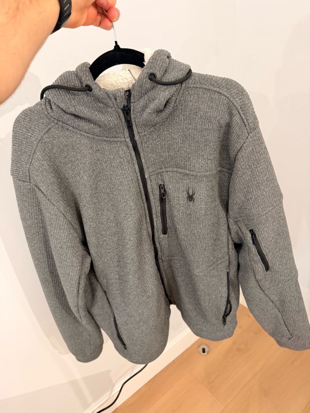 Spyder Gray Ribbed Full-Zip Hoodie with Cream Sherpa Lining